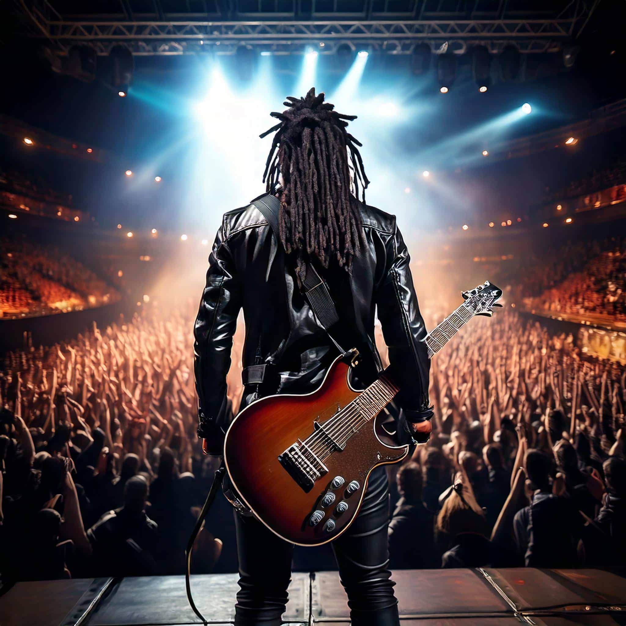 Firefly schwarzer Rockstar mit Dreads und enger Lederhose und Rockgitarre von hinten auf einer große