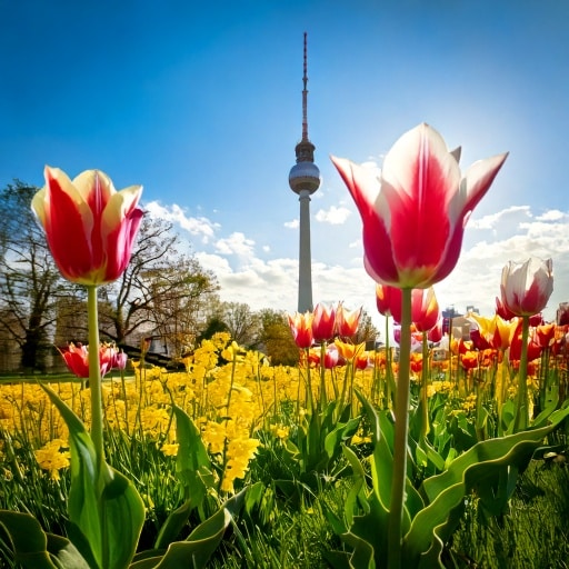 Firefly Frühling in berlin mit Tulpen und Maiglöckchen im Vordergrund und im Hintergrund blurry zu e